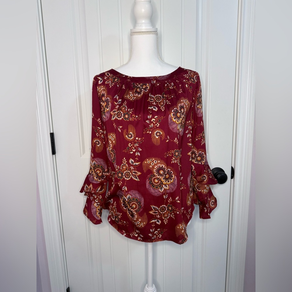 LOFT Burgundy Floral Blouse